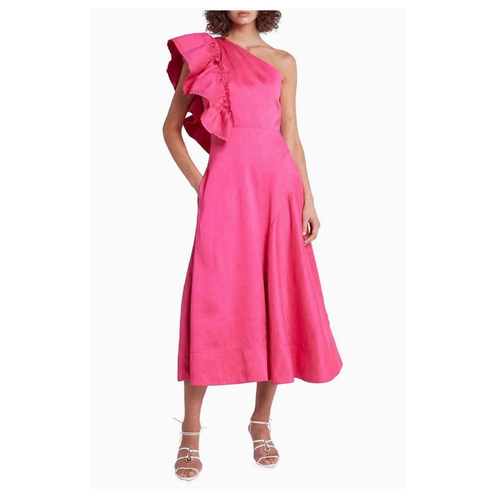 Aje One-Shoulder Pink Ruffle Midi Dress